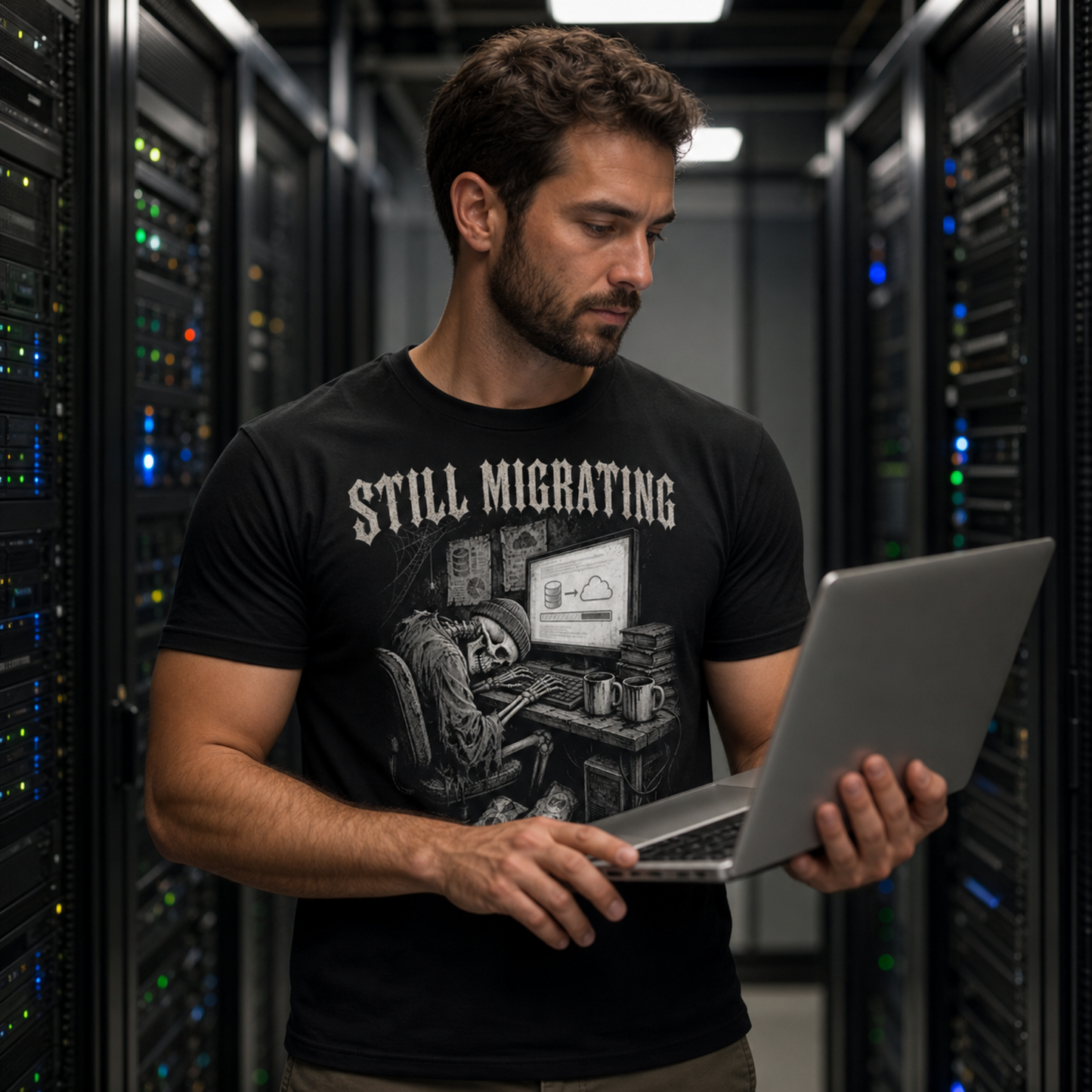 STILL MIGRATING funny database migration t-shirt for developers, white print on black tee Server room laptop