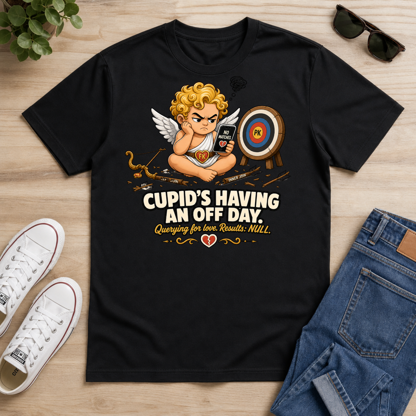 A black graphic t-shirt featuring a cartoon Cupid holding a phone and a target, with the text 'CUPID'S HAVING AN OFF DAY. Querying for love Results: NULL.
