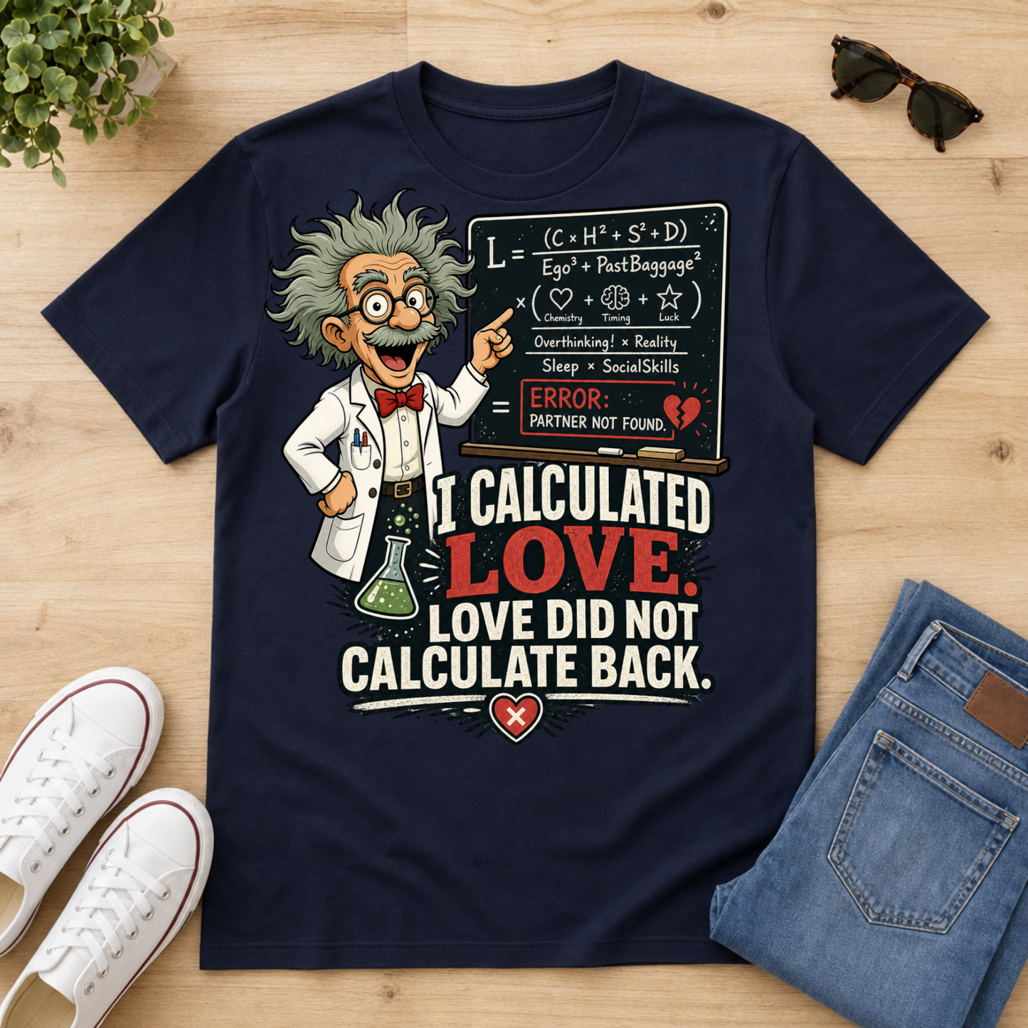 A navy blue graphic t-shirt laid flat on a light wood surface, styled with white sneakers, folded blue jeans, sunglasses, and a small plant. The shirt features a cartoon of Albert Einstein pointing to a chalkboard with love equations, and the text 'I CALCULATED LOVE.