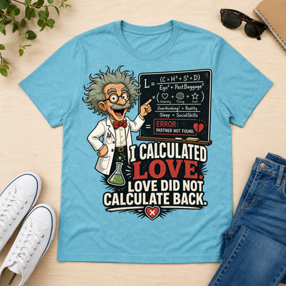 A light blue graphic t-shirt laid flat on a light wood surface, styled with white sneakers, sunglasses, a notebook, and blue jeans. The shirt features a cartoon of Albert Einstein pointing to a chalkboard with physics equations, above the text 'I CALCULATED LOVE LOVE DID NOT CALCULATE BACK.