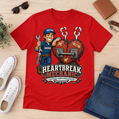 A red graphic t-shirt laid flat on a light wood background, surrounded by lifestyle props including white sneakers, sunglasses, a brown wallet, keys, a small plant, and blue jeans. The t-shirt features a cartoon graphic of a mechanic character holding a broken heart with wrenches and the text 'HEARTBREAK MECHANIC'.