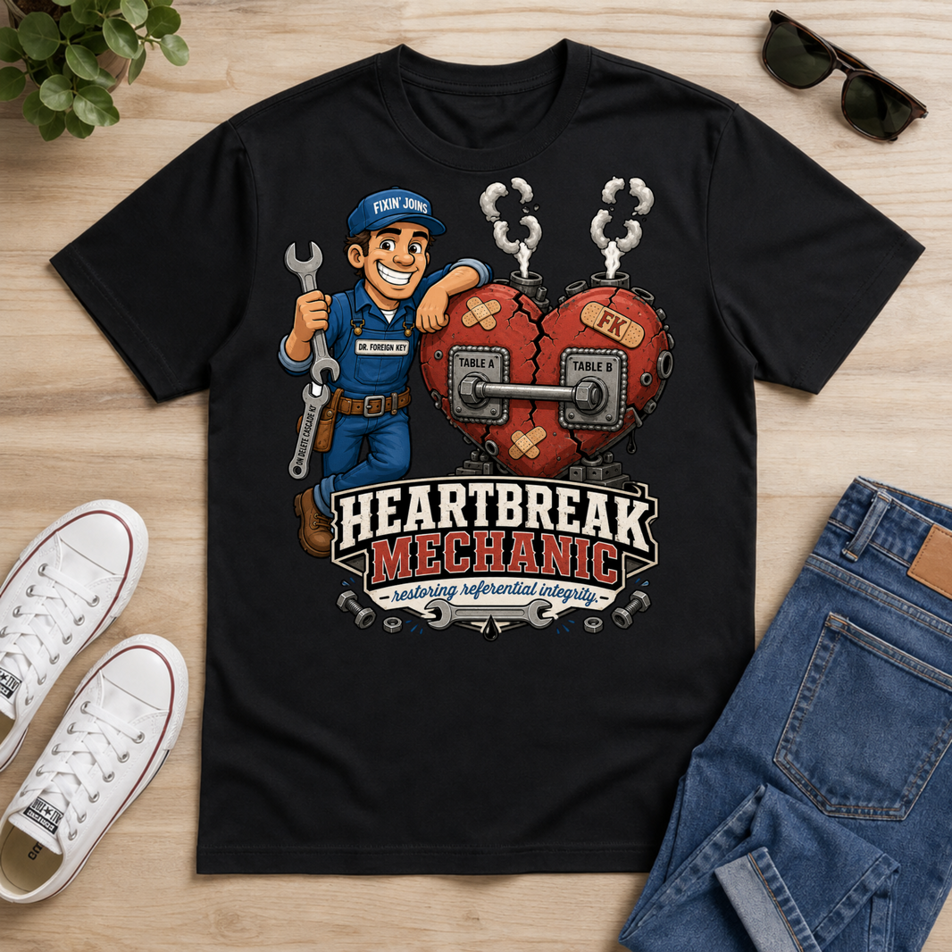 A black graphic t-shirt featuring a cartoon 'Heartbreak Mechanic' character with a broken heart and wrenches, styled in a flat lay on a light wood background with jeans, sneakers, sunglasses, and a plant.