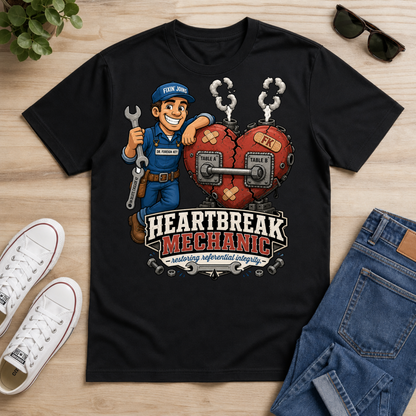 A black graphic t-shirt featuring a cartoon 'Heartbreak Mechanic' character with a broken heart and wrenches, styled in a flat lay on a light wood background with jeans, sneakers, sunglasses, and a plant.