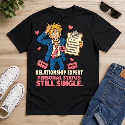 A black graphic t-shirt laid flat on a light wood surface, styled with white sneakers, sunglasses, a plant, and blue jeans. The shirt features a cartoon illustration of a confused man in a blue suit holding a clipboard with relationship rules, surrounded by pink hearts, with the text 'RELATIONSHIP EXPERT PERSONAL STATUS: STILL SINGLE.