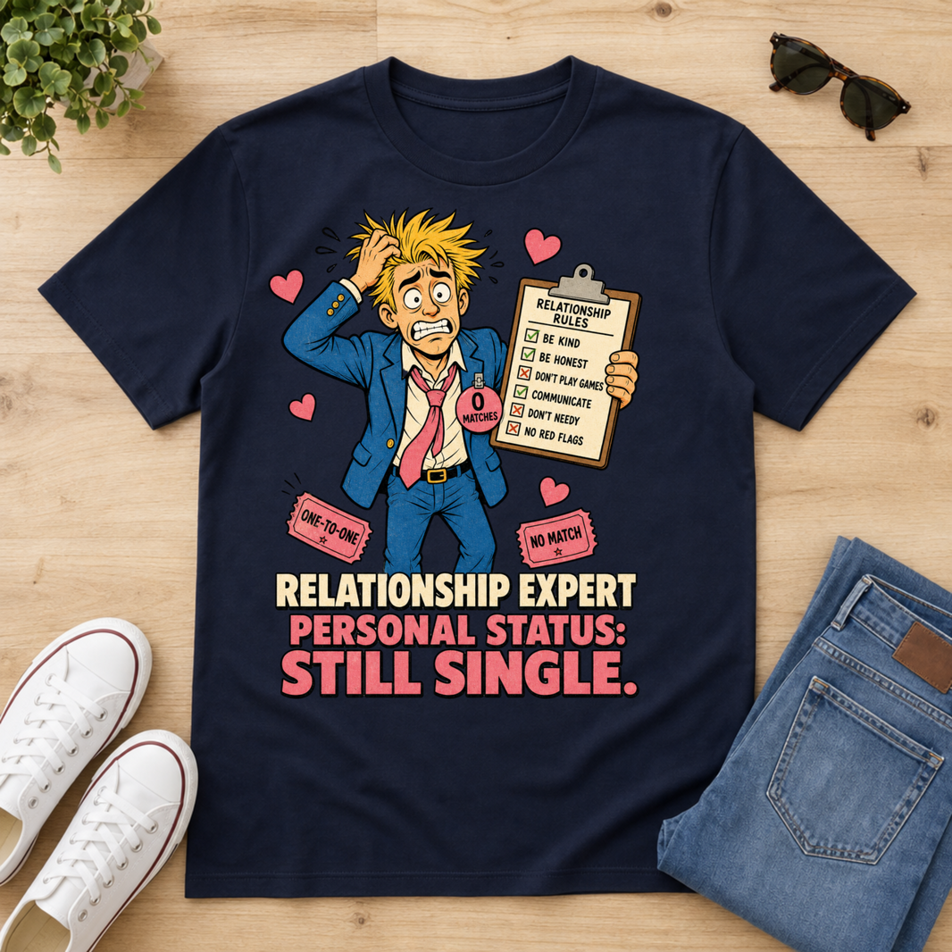 A navy blue graphic t-shirt laid flat on a light wood surface, styled with white sneakers, sunglasses, and folded blue jeans. The shirt features a cartoon illustration of a blond man in a blue suit holding a clipboard with relationship checklist items, surrounded by pink hearts, with the text 'RELATIONSHIP EXPERT PERSONAL STATUS: STILL SINGLE.
