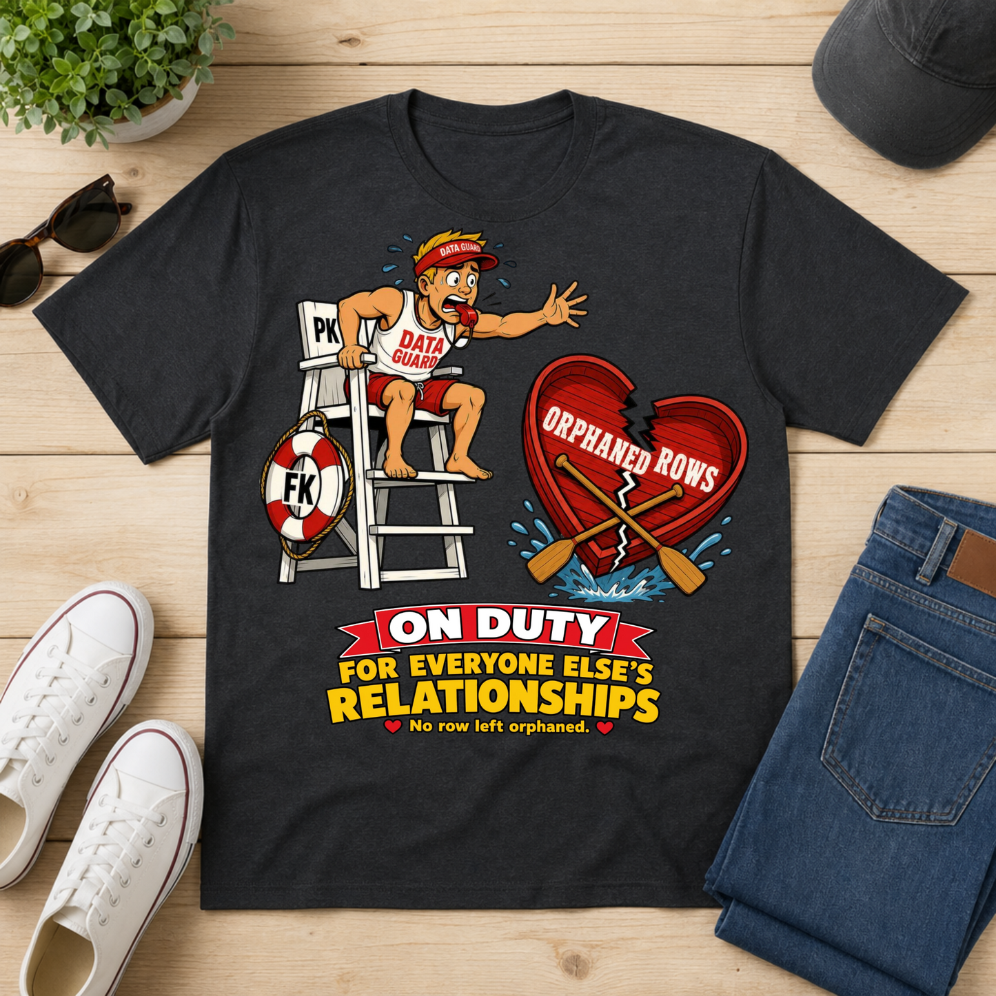 A black graphic t-shirt laid flat on a light wood surface, styled with jeans, white sneakers, sunglasses, a cap, and a small plant. The shirt features a cartoon lifeguard character on a ladder next to a broken red heart with crossed oars and the text 'ON DUTY FOR EVERYONE ELSE'S RELATIONSHIPS' and 'ORPHANED ROWS'.