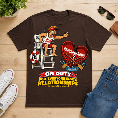 A dark brown graphic t-shirt laid flat on a light wood background, surrounded by lifestyle props including white sneakers, sunglasses, a wallet, and blue jeans. The t-shirt features a cartoon lifeguard on a ladder next to a broken red heart with the text 'ORPHANED ROWS' and the slogan 'ON DUTY FOR EVERYONE ELSE'S RELATIONSHIPS'.