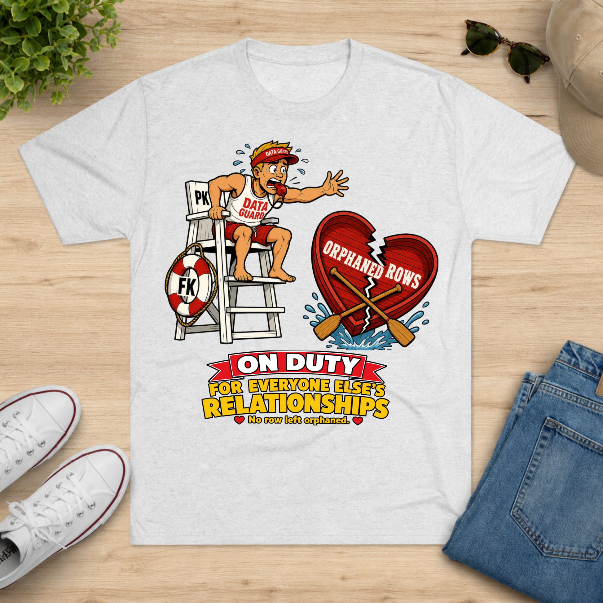 A white graphic t-shirt laid flat on a light wood surface, surrounded by lifestyle props including white sneakers, a pair of jeans, sunglasses, and a hat. The t-shirt features a cartoon graphic of a lifeguard on duty with a broken heart and the text 'ON DUTY FOR EVERYONE ELSE'S RELATIONSHIPS'.