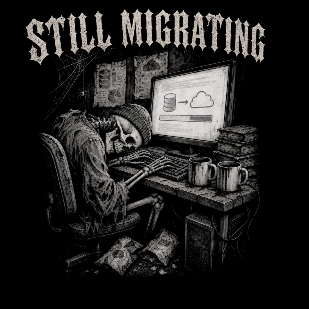 Black and white graphic print featuring a skeleton slumped at a desk with a computer monitor showing database and cloud icons, with the text 'STILL MIGRATING' in a gothic font at the top.