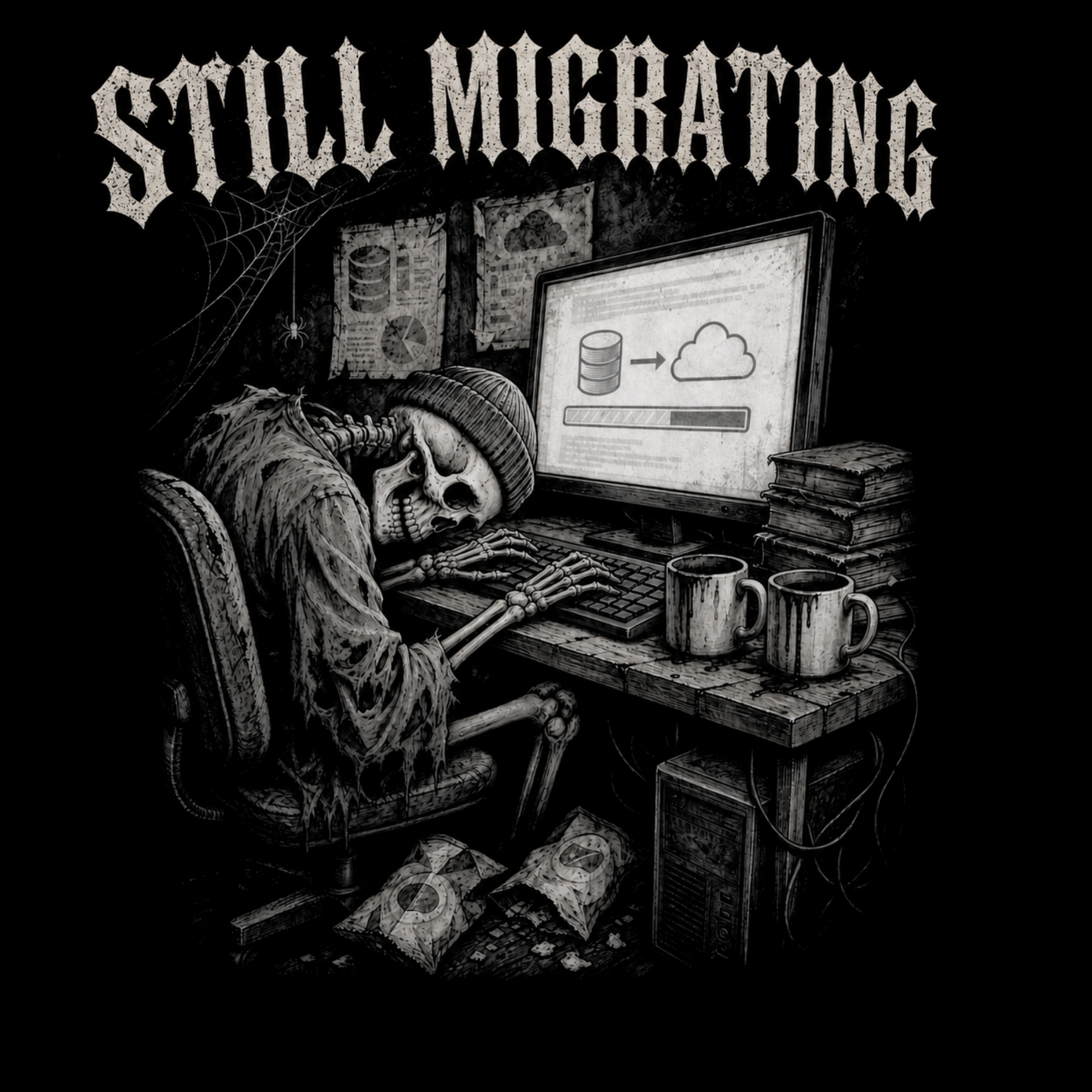Black and white graphic print featuring a skeleton slumped at a desk with a computer monitor showing database and cloud icons, with the text 'STILL MIGRATING' in a gothic font at the top.