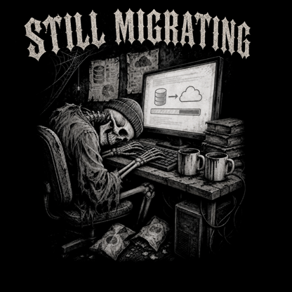 Black and white graphic print featuring a skeleton slumped at a desk with a computer monitor showing database and cloud icons, with the text 'STILL MIGRATING' in a gothic font at the top.