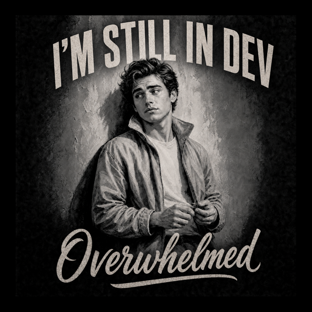 A monochrome illustrated portrait of a young man in a jacket, with the text 'I'M STILL IN DEV' above and 'Overwhelmed' below on a dark textured background.