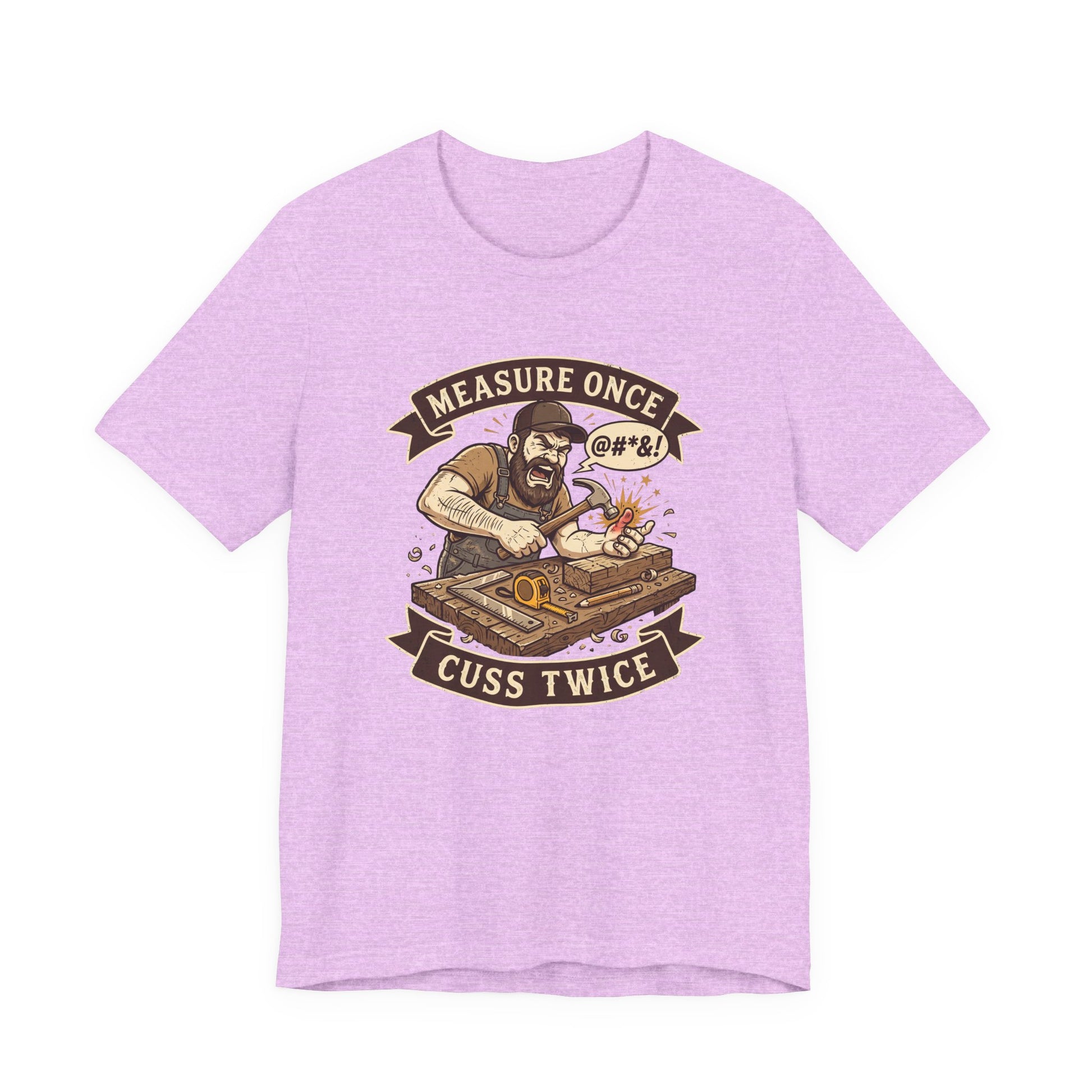 A light purple heather short-sleeve t-shirt with a graphic print of a bearded man playing a turntable, framed by banners reading 'MEASURE ONCE @#&1' and 'CUSS TWICE'.