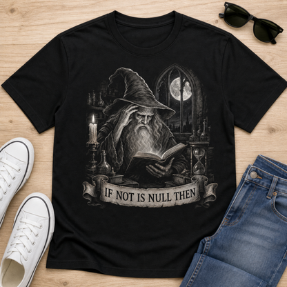 A black graphic t-shirt featuring an illustration of a wizard reading a book with the text 'IF NOT IS NULL THEN' on a banner, styled in a flat lay on a wooden surface with jeans, sneakers, and sunglasses.