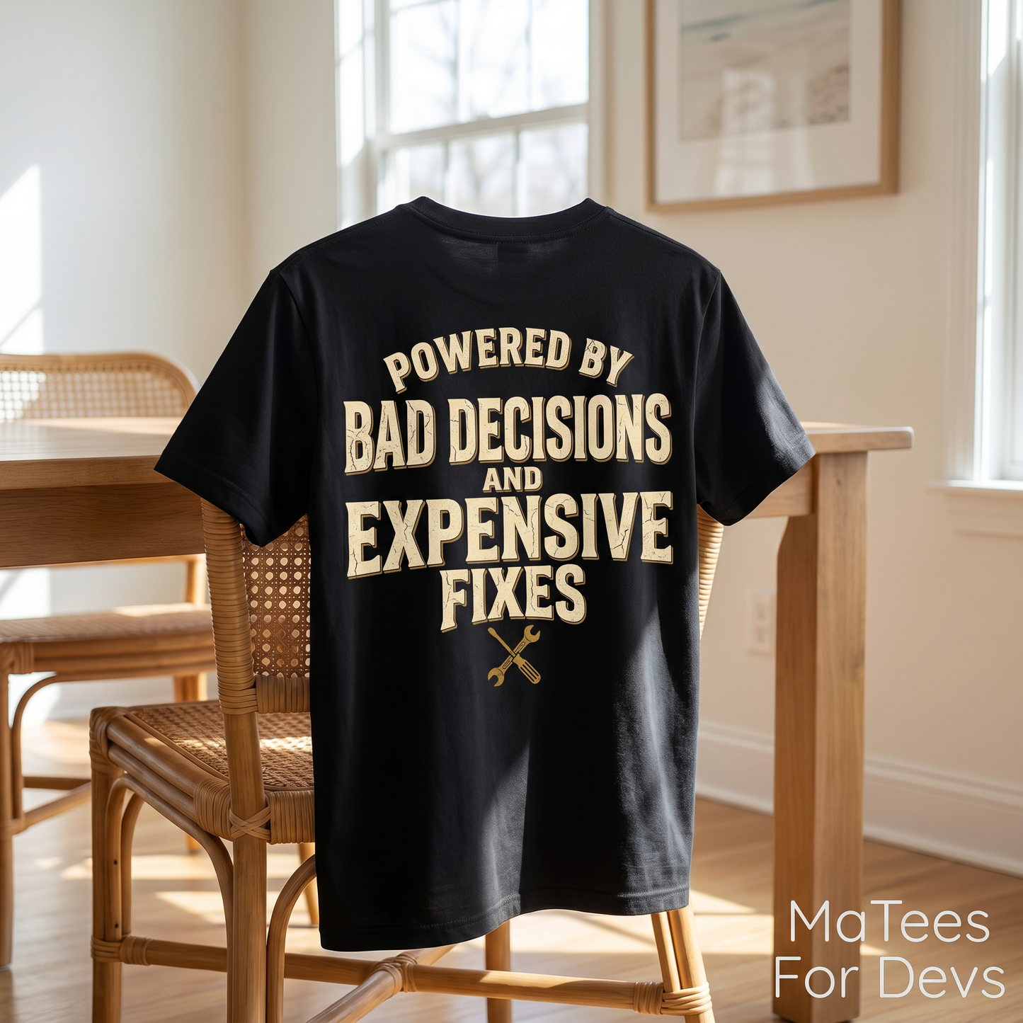 Humorous Mechanics Tee — "Powered by Bad Decisions and Expensive Fixes"