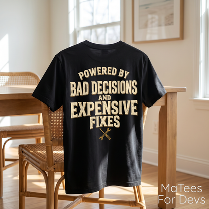 Humorous Mechanics Tee — "Powered by Bad Decisions and Expensive Fixes"