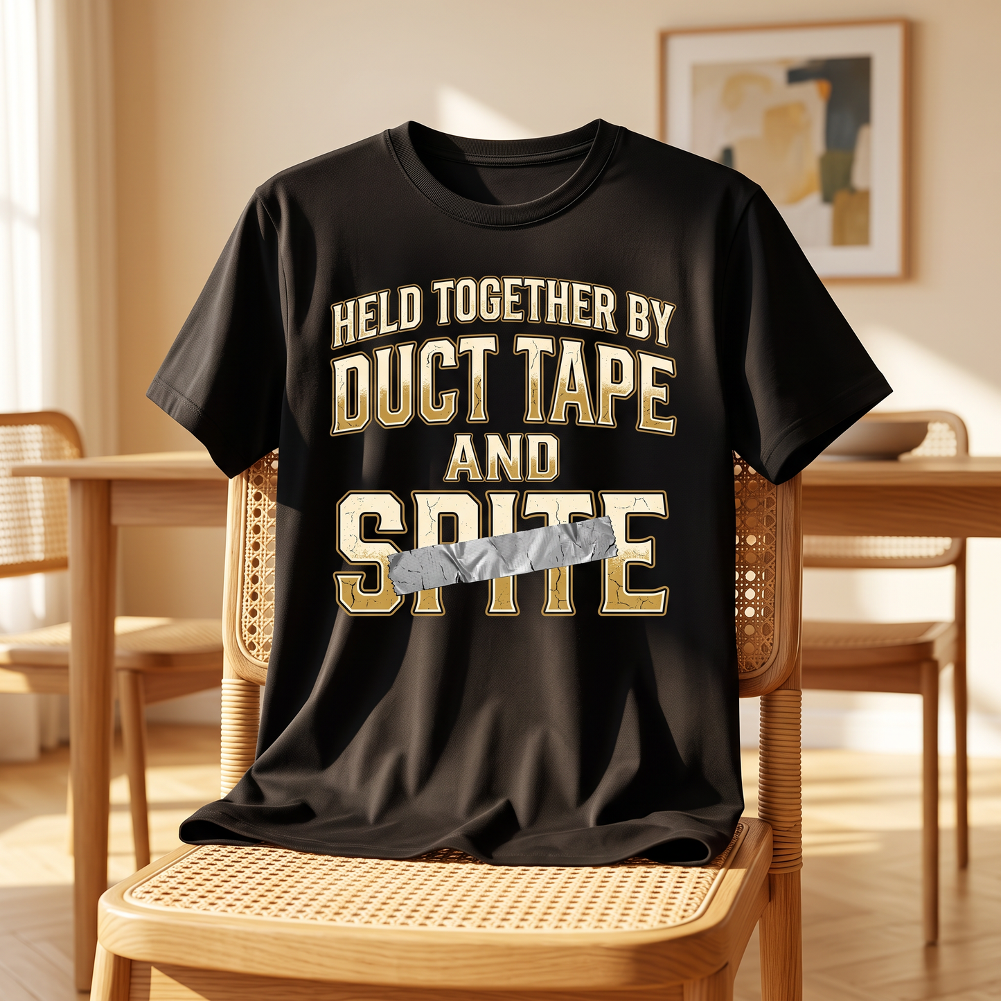 Held Together by Duct Tape and Spite T-Shirt — Funny DIY Fixes Tee