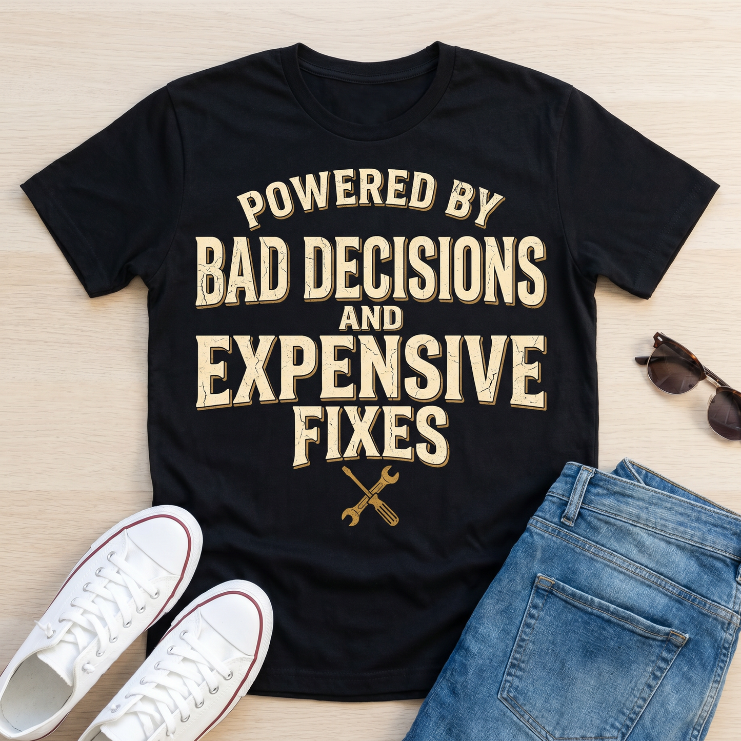 Humorous Mechanics Tee — "Powered by Bad Decisions and Expensive Fixes"
