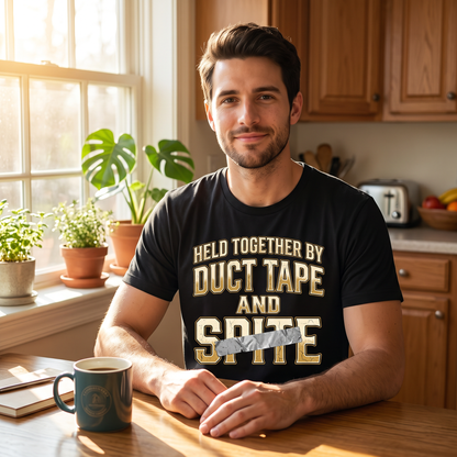 Held Together by Duct Tape and Spite T-Shirt — Funny DIY Fixes Tee