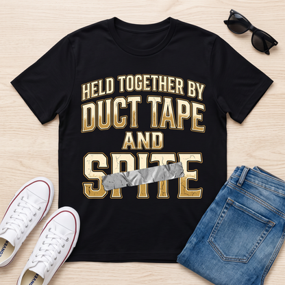 Held Together by Duct Tape and Spite T-Shirt — Funny DIY Fixes Tee