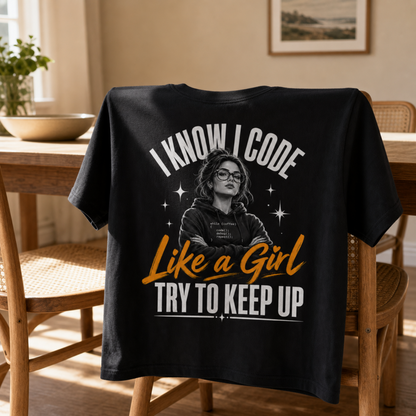 A black graphic T-shirt draped over a wooden chair in a warm, sunlit dining room. The shirt features a graphic print of a woman with glasses and the text 'I KNOW I CODE Like a Girl TRY TO KEEP UP' in white and orange.