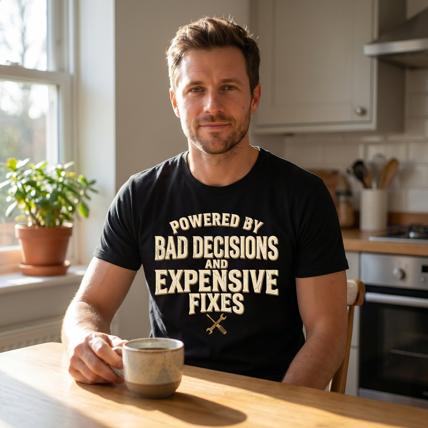 Humorous Mechanics Tee — "Powered by Bad Decisions and Expensive Fixes"