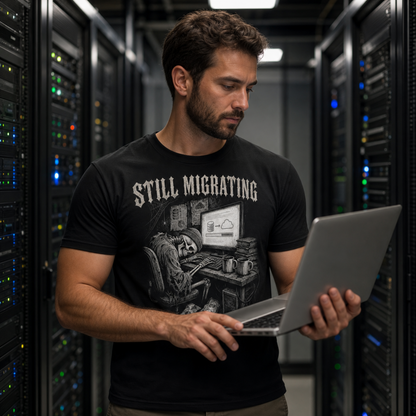 STILL MIGRATING funny database migration t-shirt for developers, white print on black tee Server room laptop