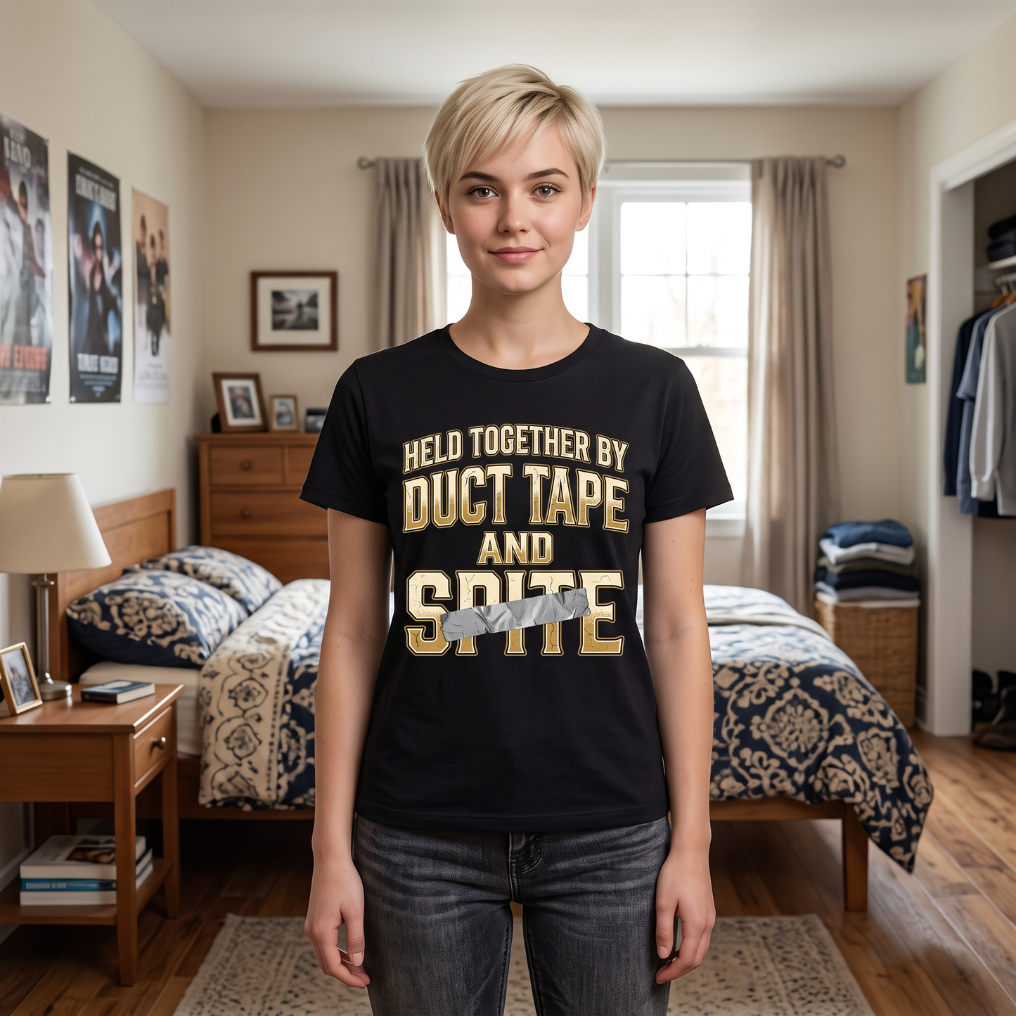 Held Together by Duct Tape and Spite T-Shirt — Funny DIY Fixes Tee
