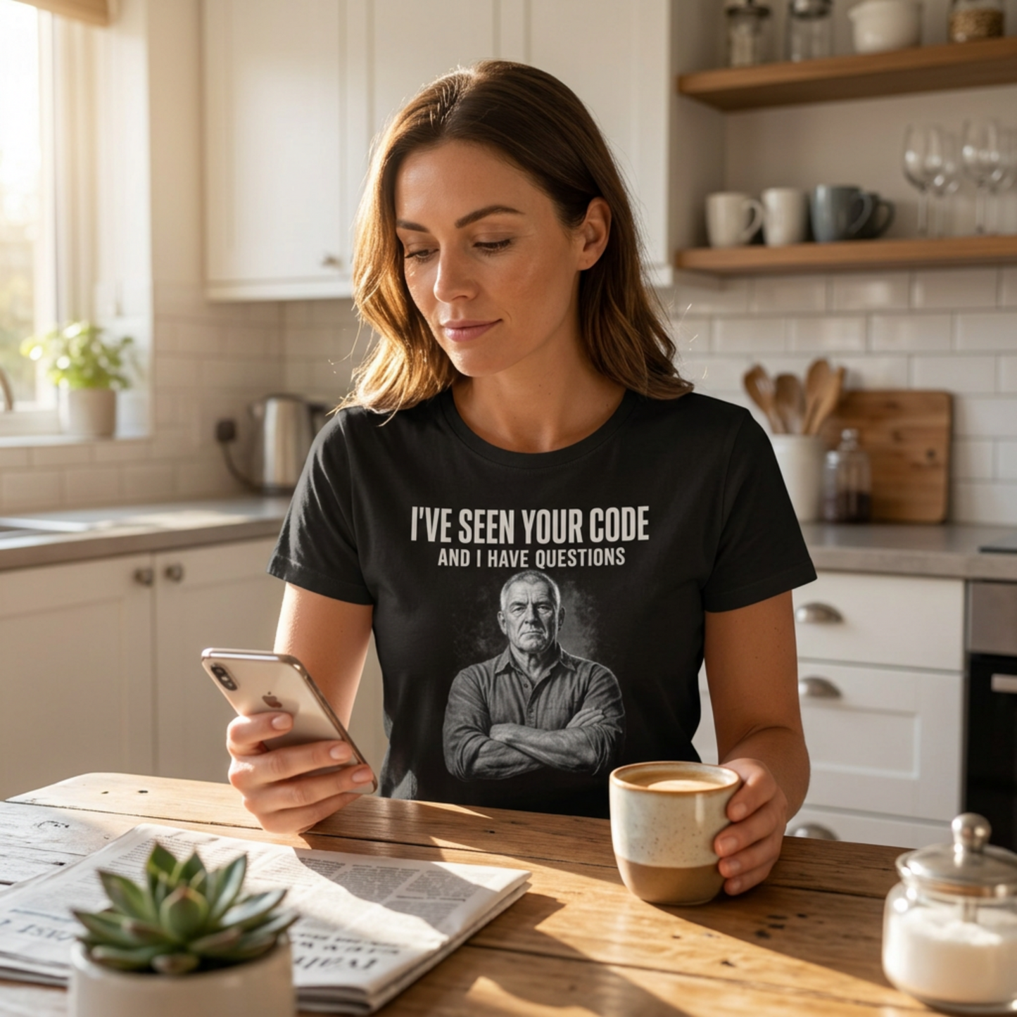 Man wearing I've Seen Your Code black programmer t-shirt woman sitting at table