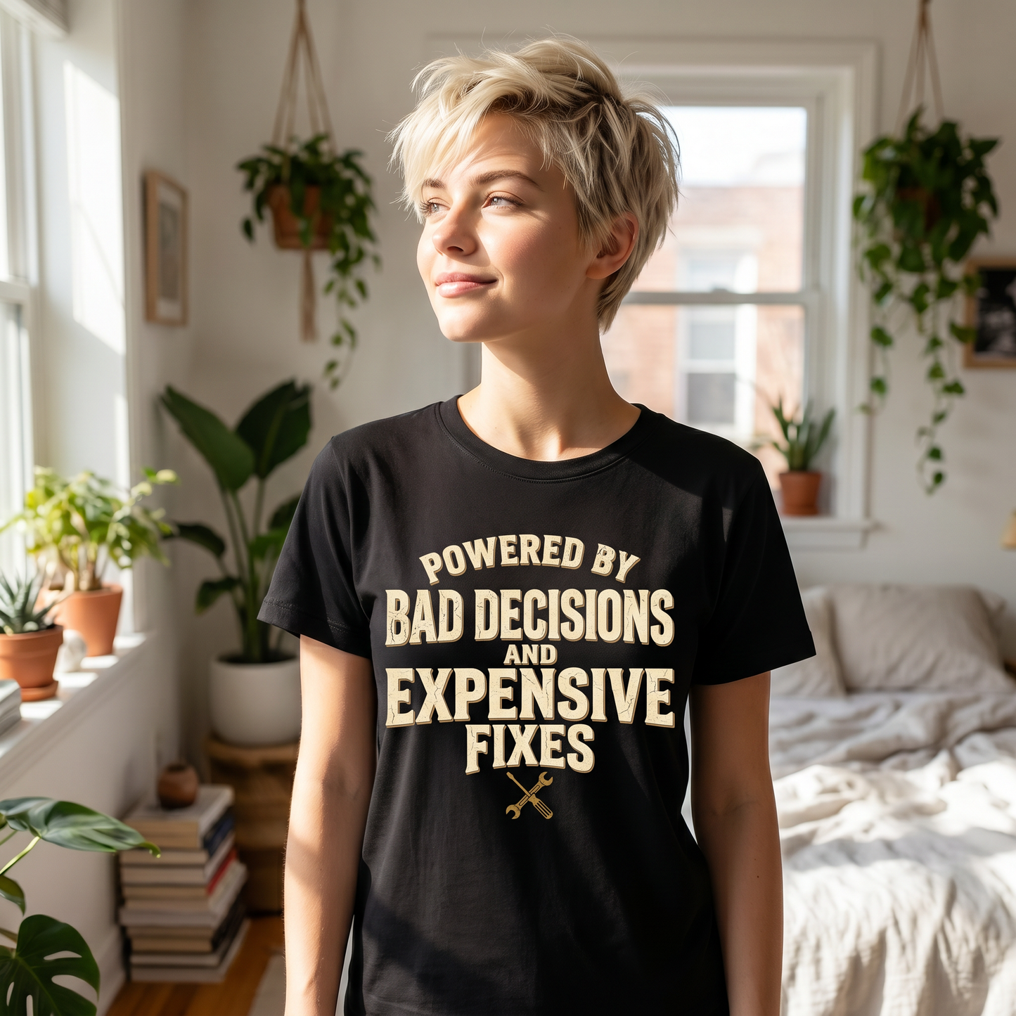Humorous Mechanics Tee — "Powered by Bad Decisions and Expensive Fixes"