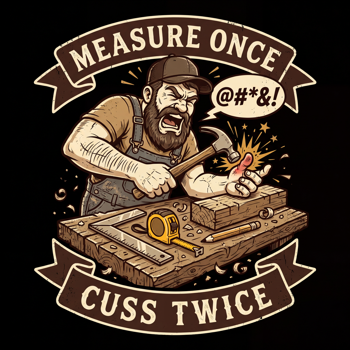 A graphic design featuring a cartoon bearded man in work clothes hammering a nail at a workbench with tools, surrounded by banners reading 'MEASURE ONCE' and 'CUSS TWICE' on a black background.