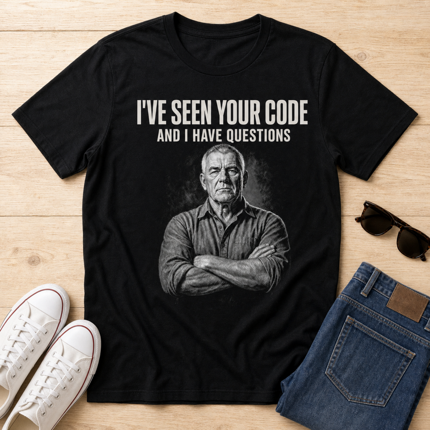 Man wearing I've Seen Your Code black programmer t-shirt Layout Shot