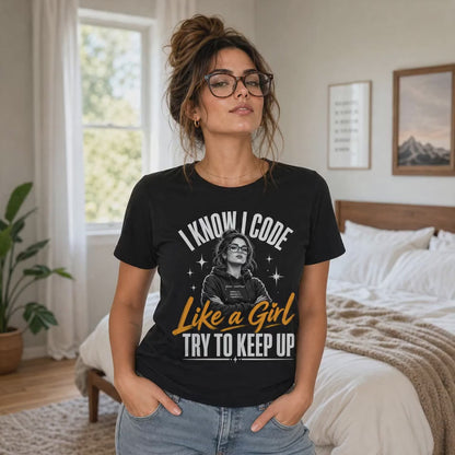 I Know I Code Like a Girl Try to Keep Up funny women who code t-shirt, confident woman coder with glasses, white and orange print on black tee