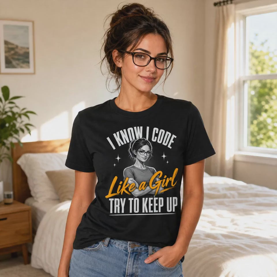 I Know I Code Like a Girl Try to Keep Up funny female developer t-shirt, woman coder in a while-coffee-code hoodie, white and orange print on black tee